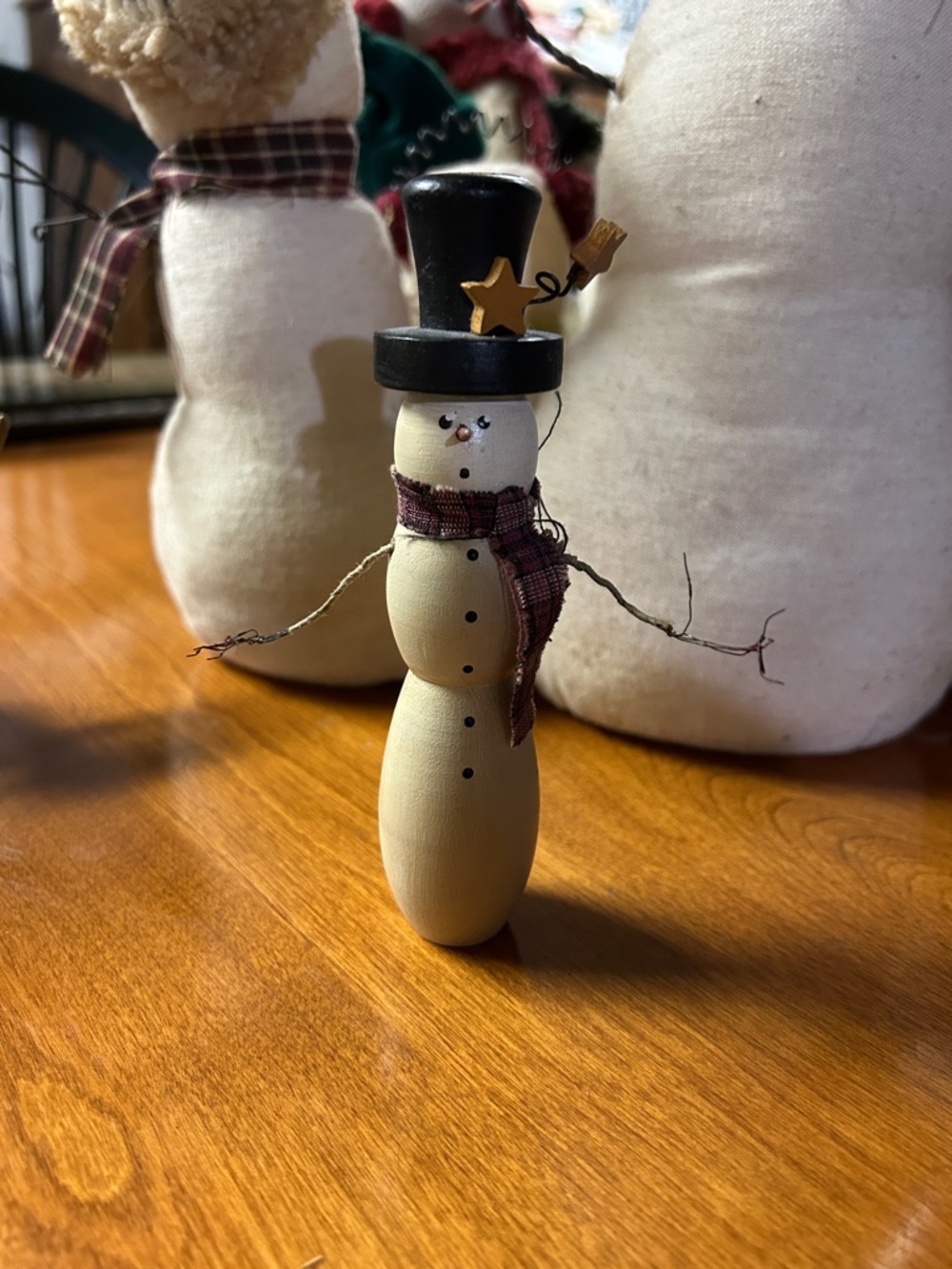 Handcrafted Cream Wood Snowman Figurine with Black Top Hat